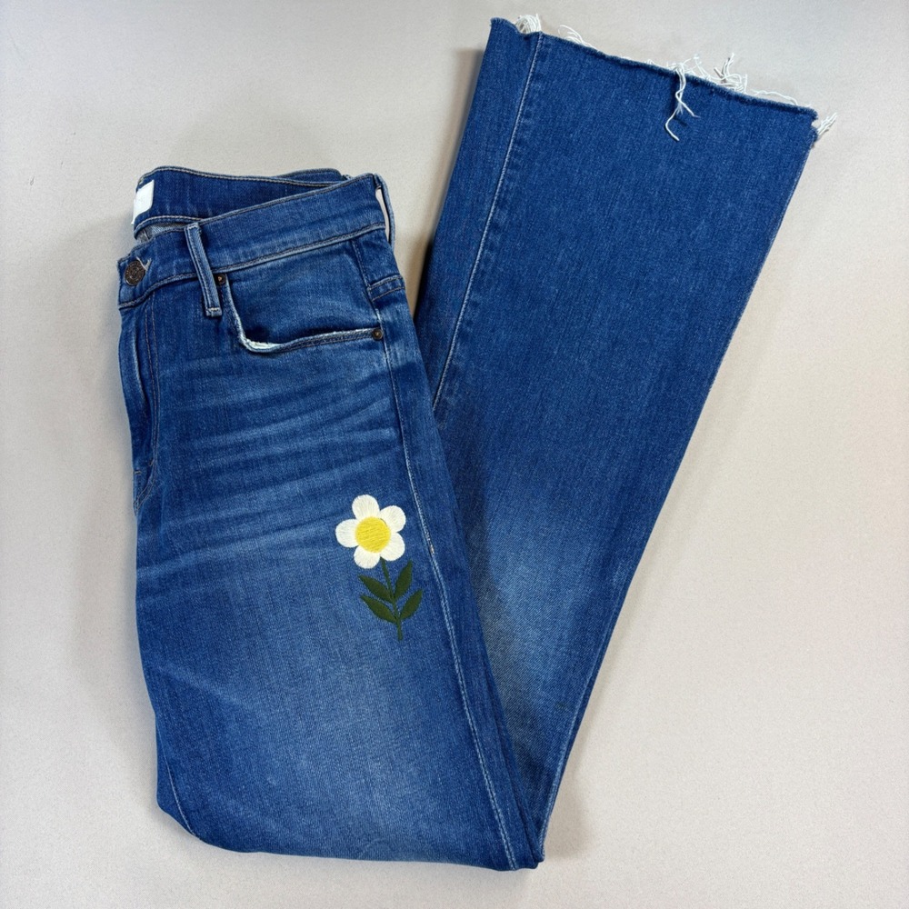 MOTHER The Weekender Fray Jeans Women 27 Gold Rush Floral Embroidered Flare Boho